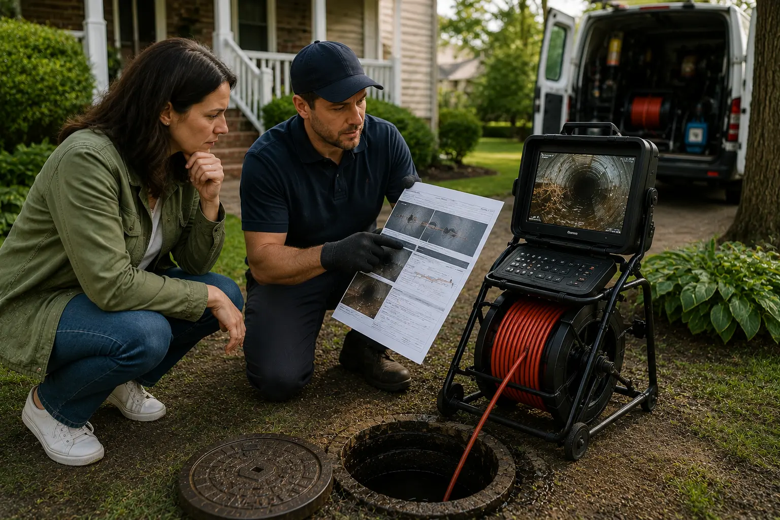 Homeowner reviewing a sewer scope report with a technician while comparing inspection images and live sewer camera footage at a residential property.