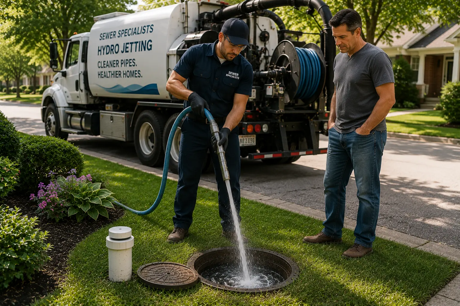 Technician performing preventative hydro jetting through a residential sewer access point while a homeowner observes beside a sewer service truck.