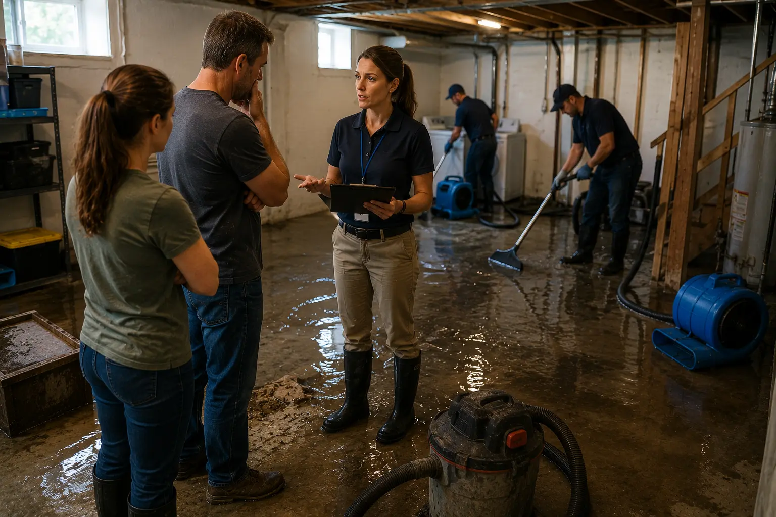 Homeowners speak with an insurance representative while cleanup crews remove contaminated water from a basement after a sewer backup.