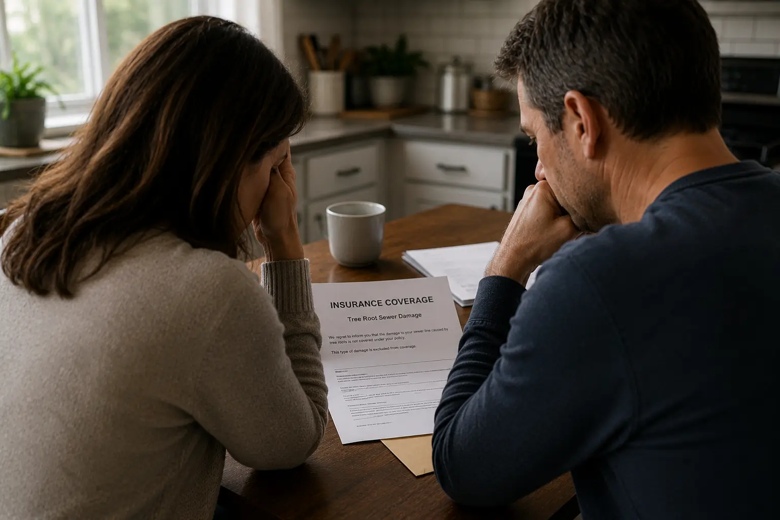 Homeowners review insurance coverage information related to sewer line damage caused by tree roots while sitting at a kitchen table.