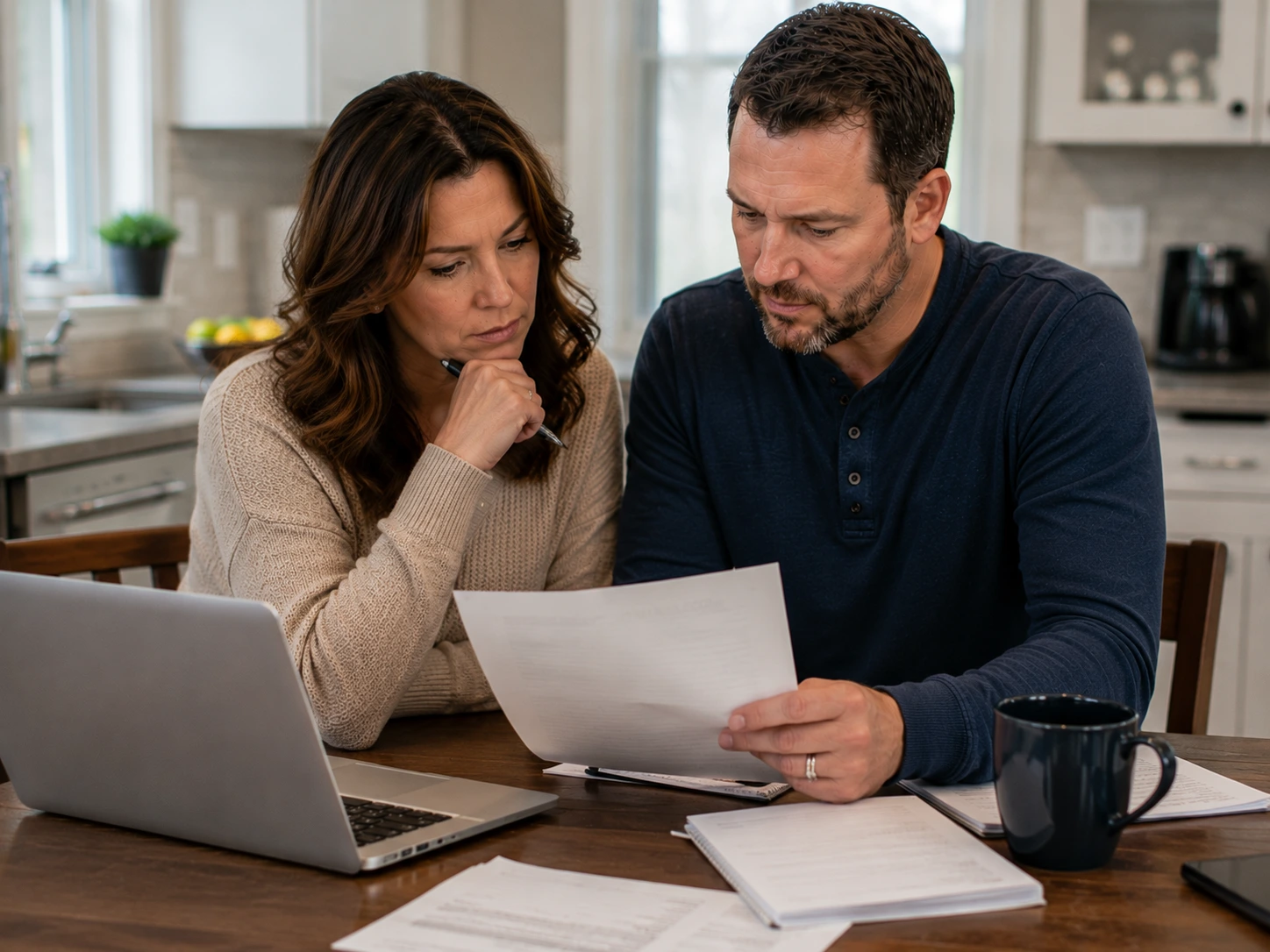 Chicago homeowners reviewing financial documents and household records at a kitchen table while evaluating insurance coverage, potential costs, and financial protection options related to a sewer repair project.