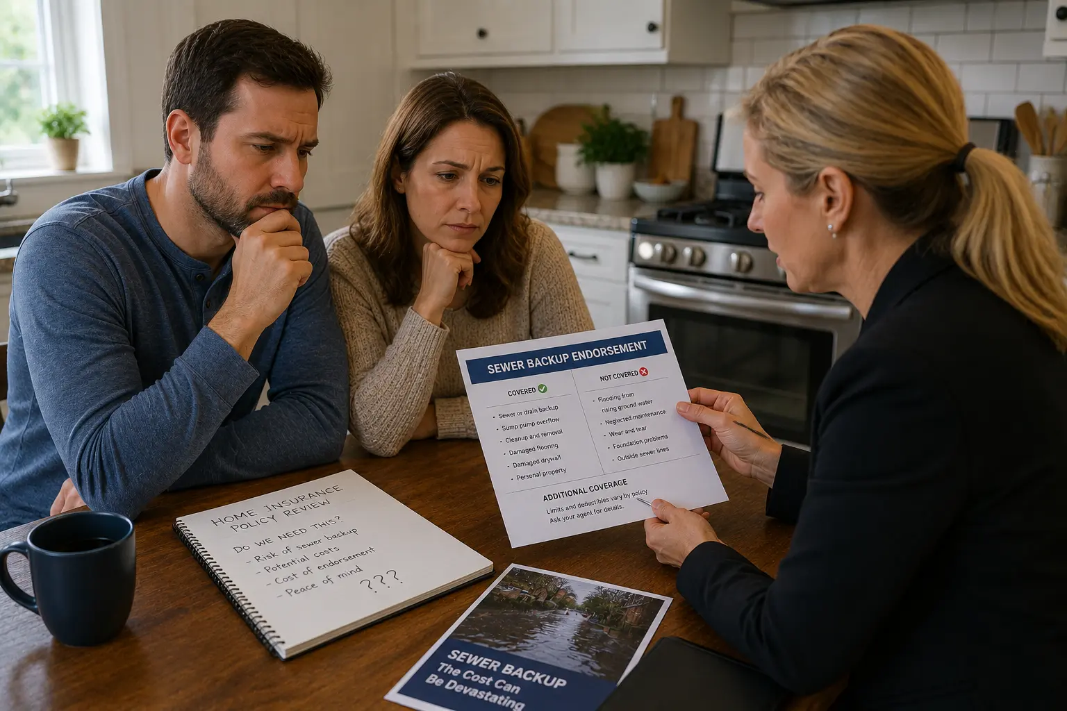 Homeowners review sewer backup endorsement coverage options with an insurance professional while evaluating potential risks and costs.