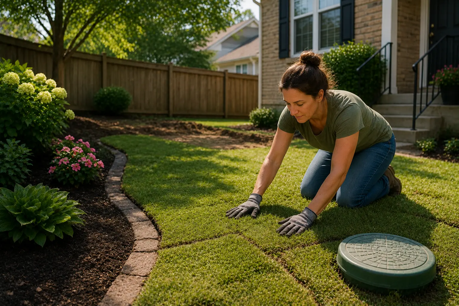 Homeowner installing fresh sod and restoring landscaping around a sewer cleanout after sewer line replacement at a residential property.