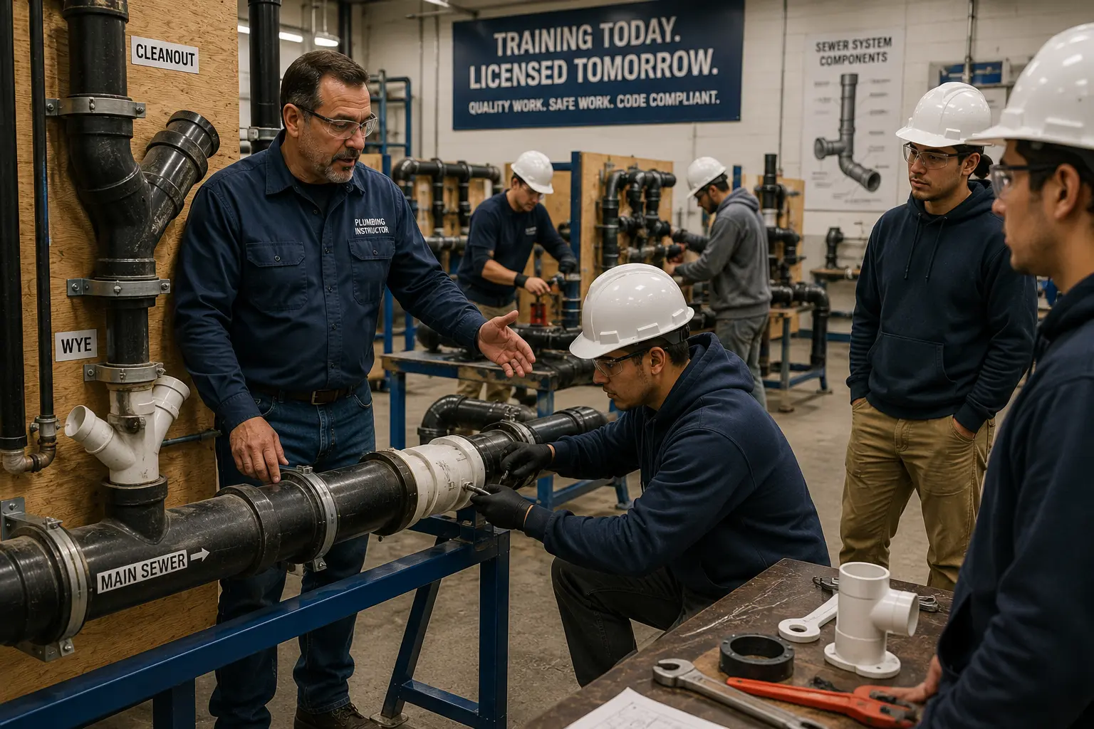Plumbing students receive hands-on sewer system training in a trade school workshop while an instructor demonstrates professional installation techniques.