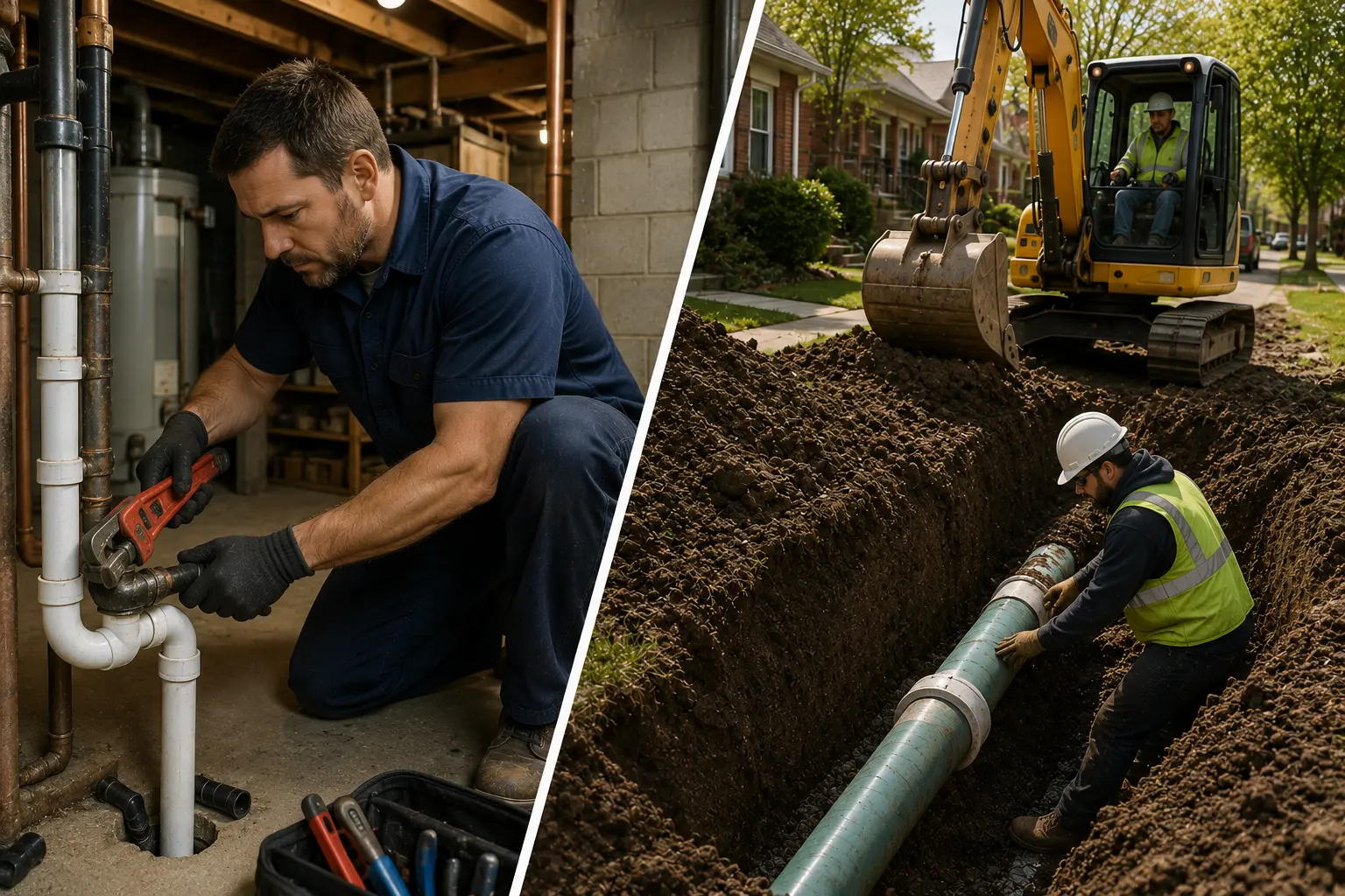 Split-scene image showing a licensed plumber working on interior plumbing pipes while a sewer contractor installs a sewer line in an exterior excavation trench.