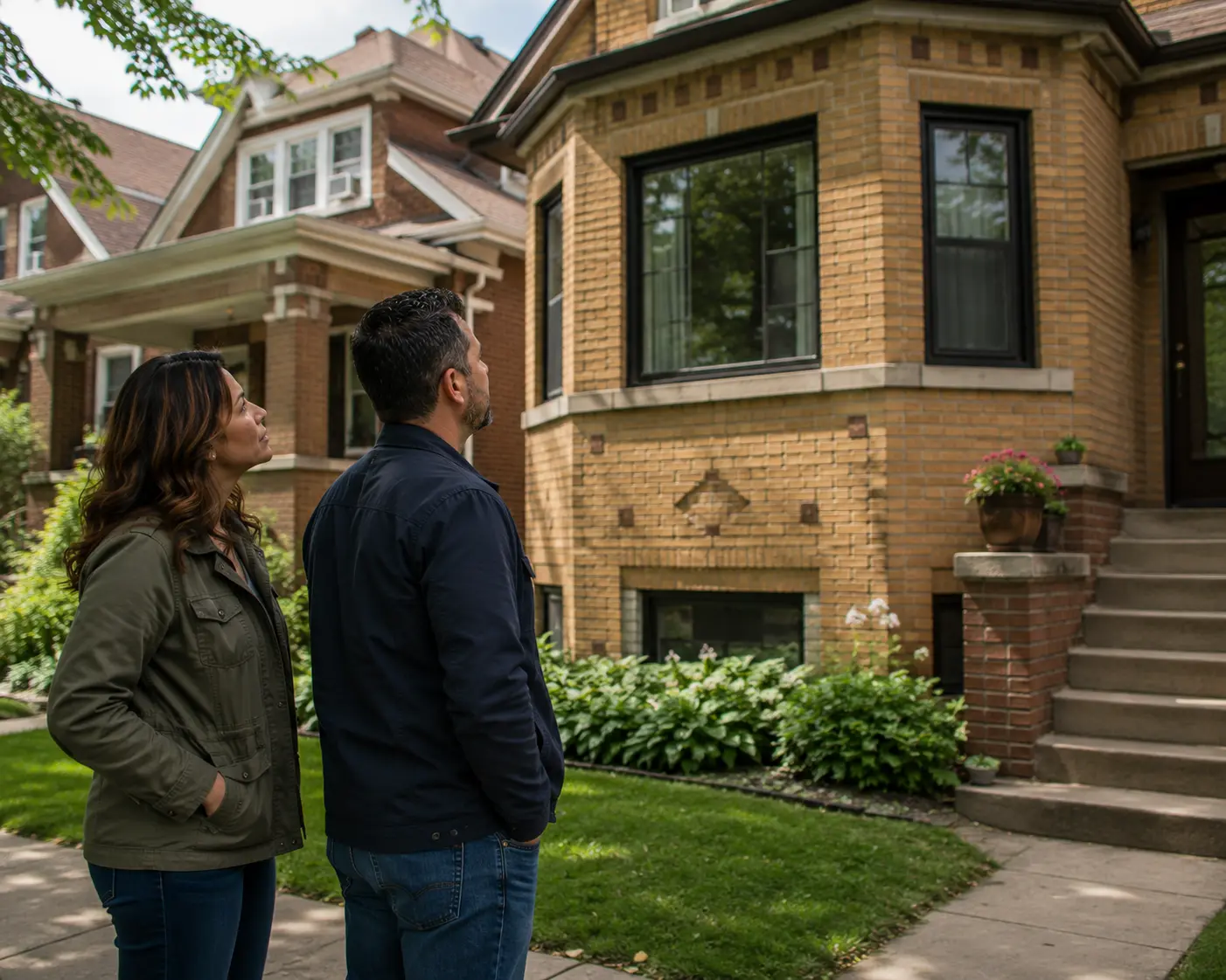 Chicago homeowners standing outside an older brick home while assessing the property and discussing maintenance considerations commonly associated with aging residential housing stock.