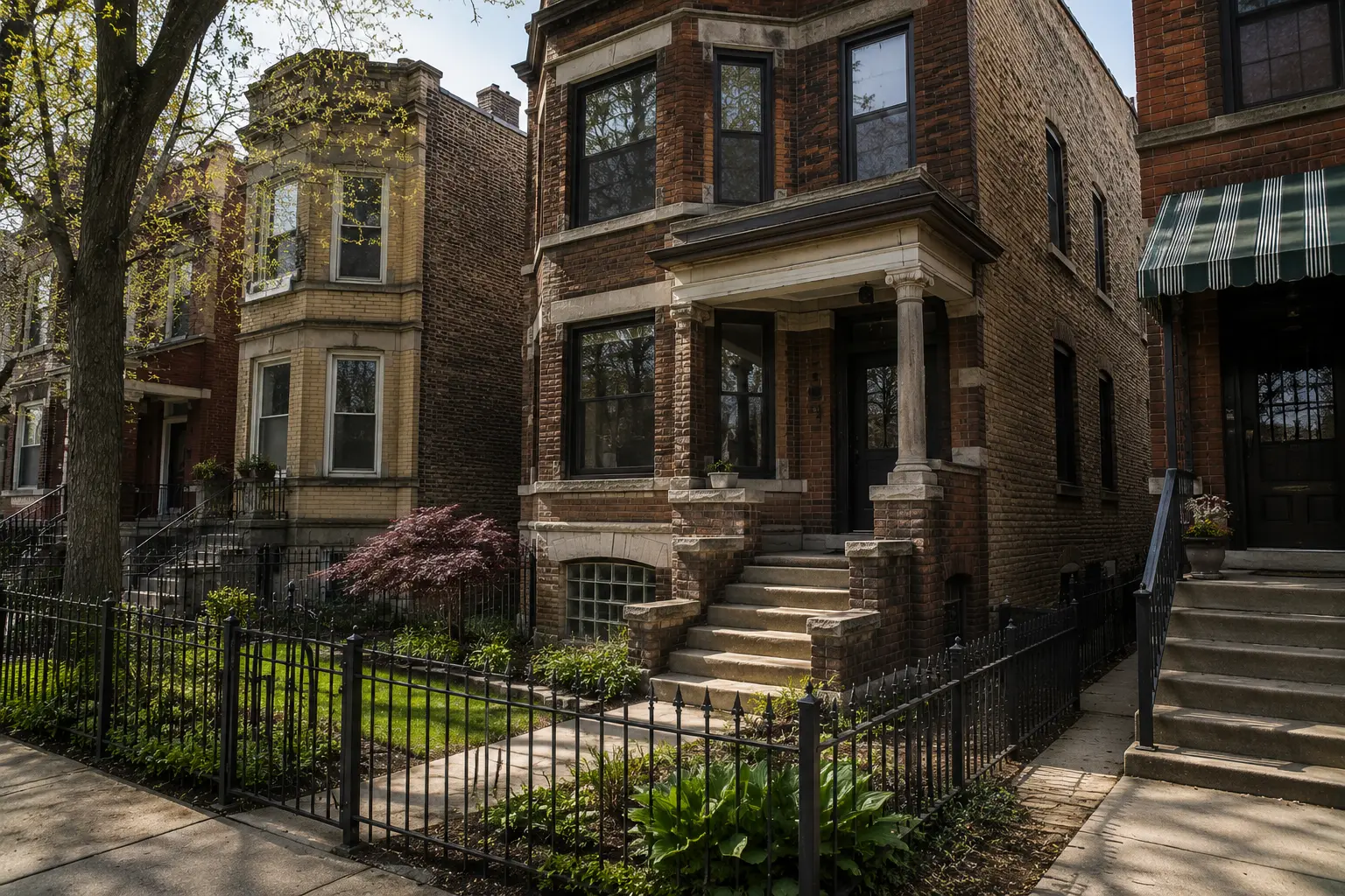 Older brick homes in a Chicago neighborhood, representing properties that may face aging sewer line infrastructure and underground pipe replacement concerns.