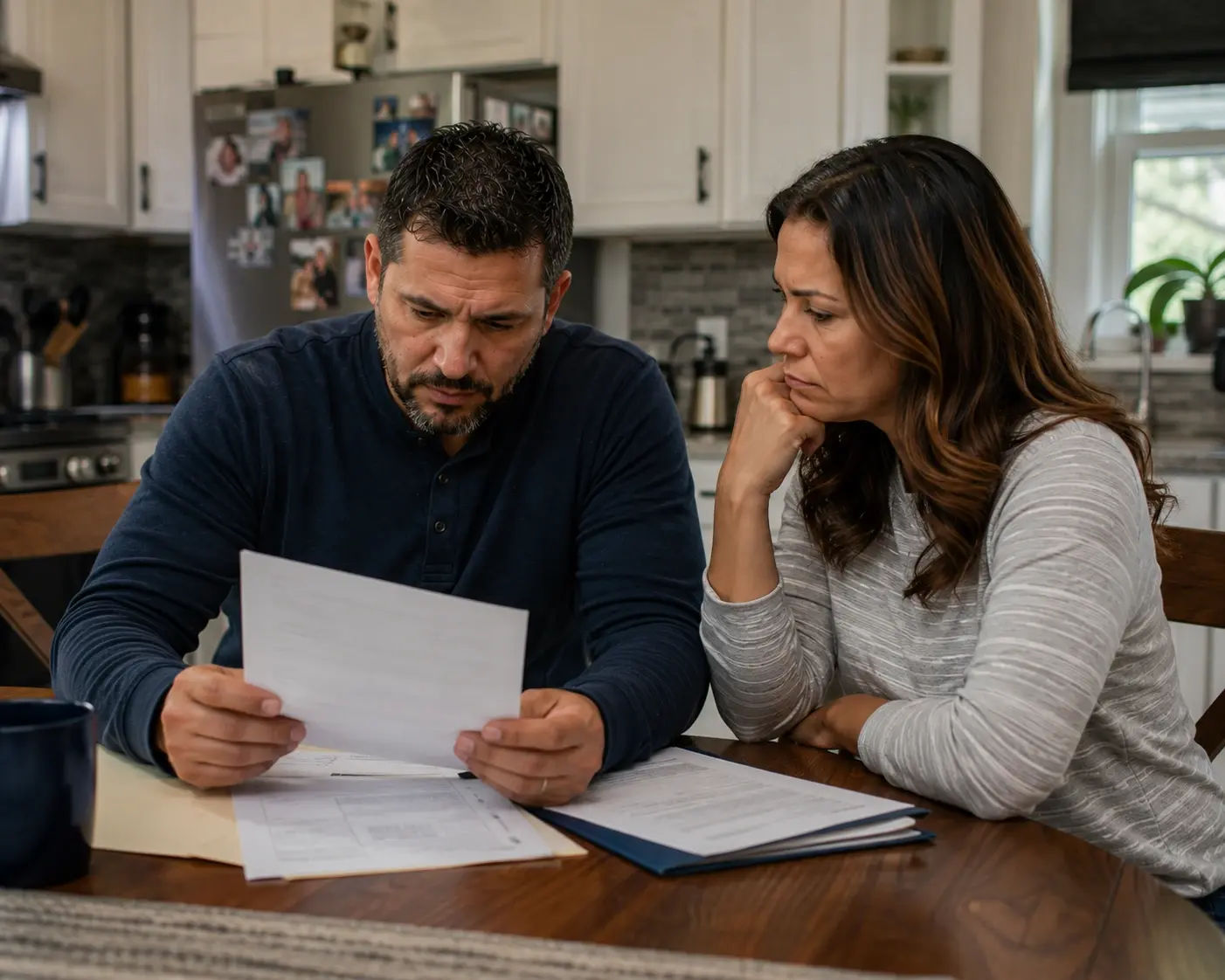 Chicago homeowners reviewing project documents at their kitchen table while discussing follow-up questions, repair outcomes, warranties, and next steps after a completed sewer repair project.