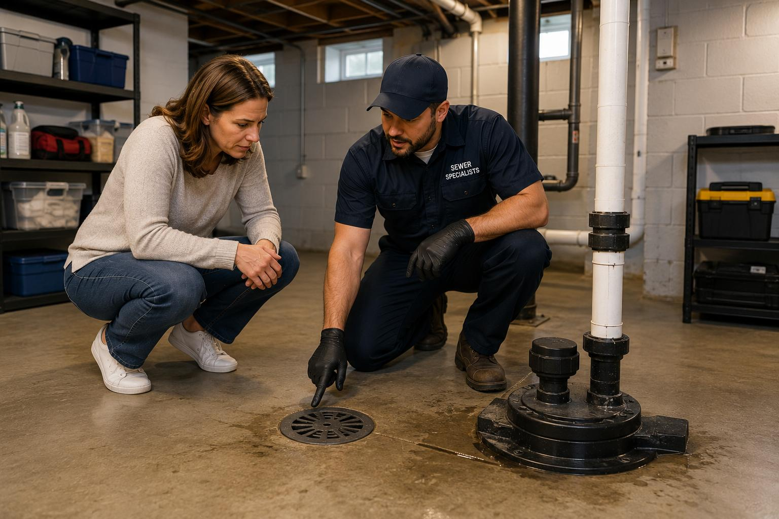 Homeowner inspecting a basement floor drain and sewer backup prevention equipment with a technician in a clean residential basement.