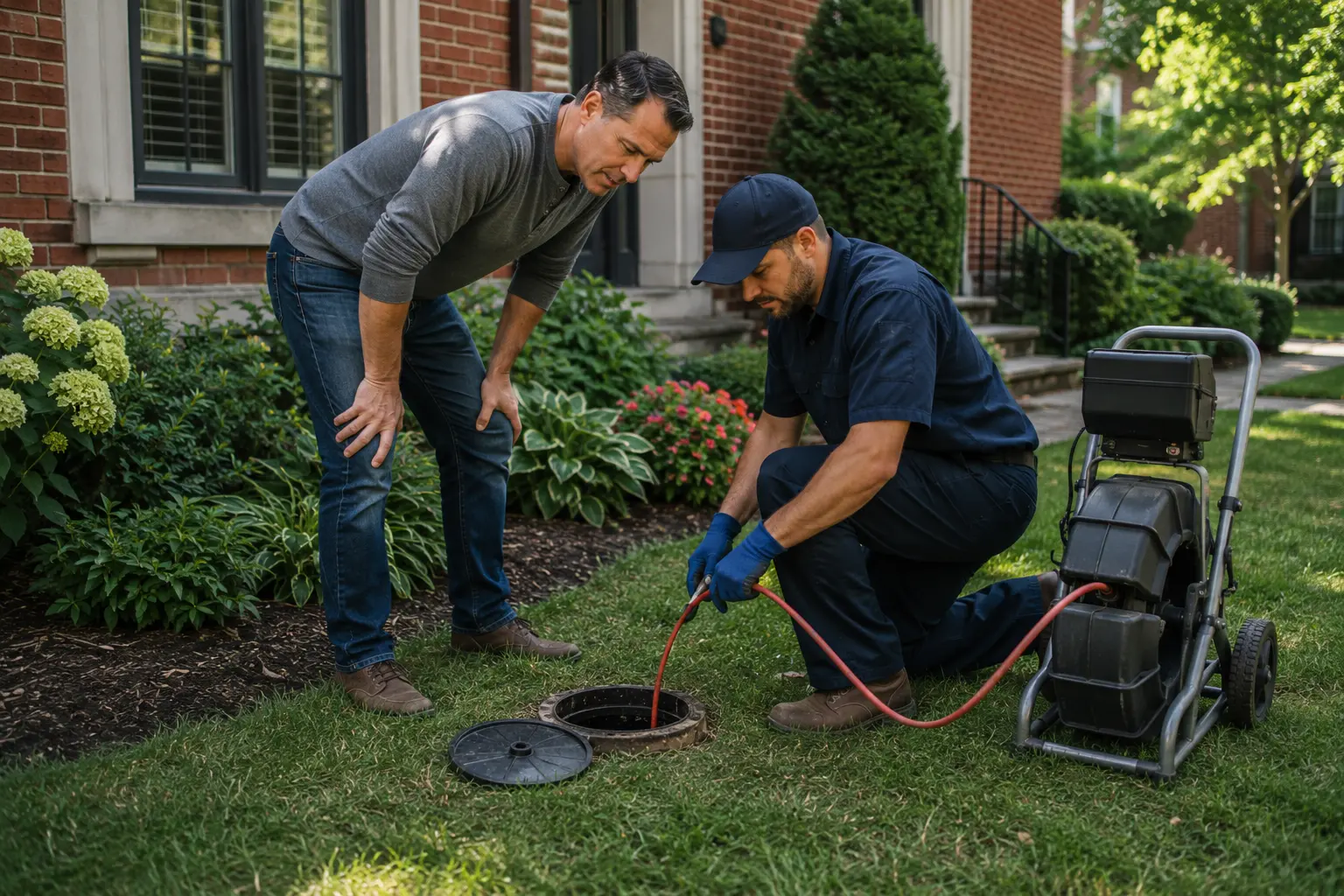 Homeowner and sewer technician performing preventative sewer maintenance through an outdoor cleanout access beside a well-maintained Chicago brick home.