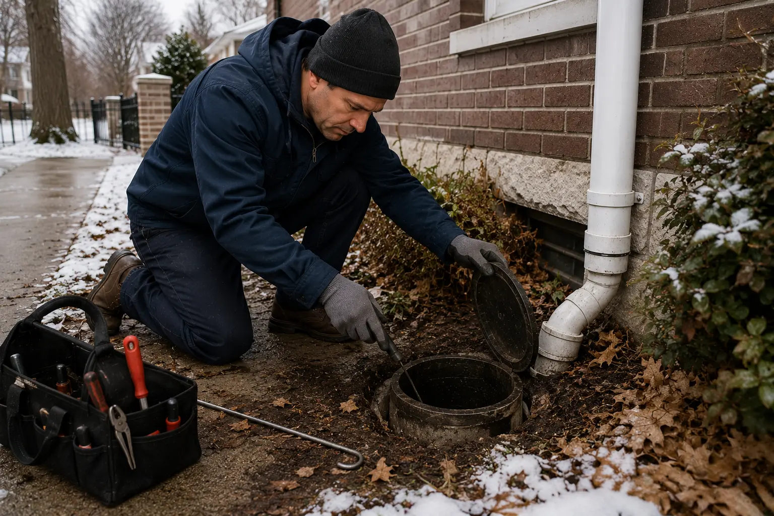 Homeowner checking an outdoor sewer cleanout during a heavy rainstorm beside a Chicago brick home while stormwater drains away from the foundation.