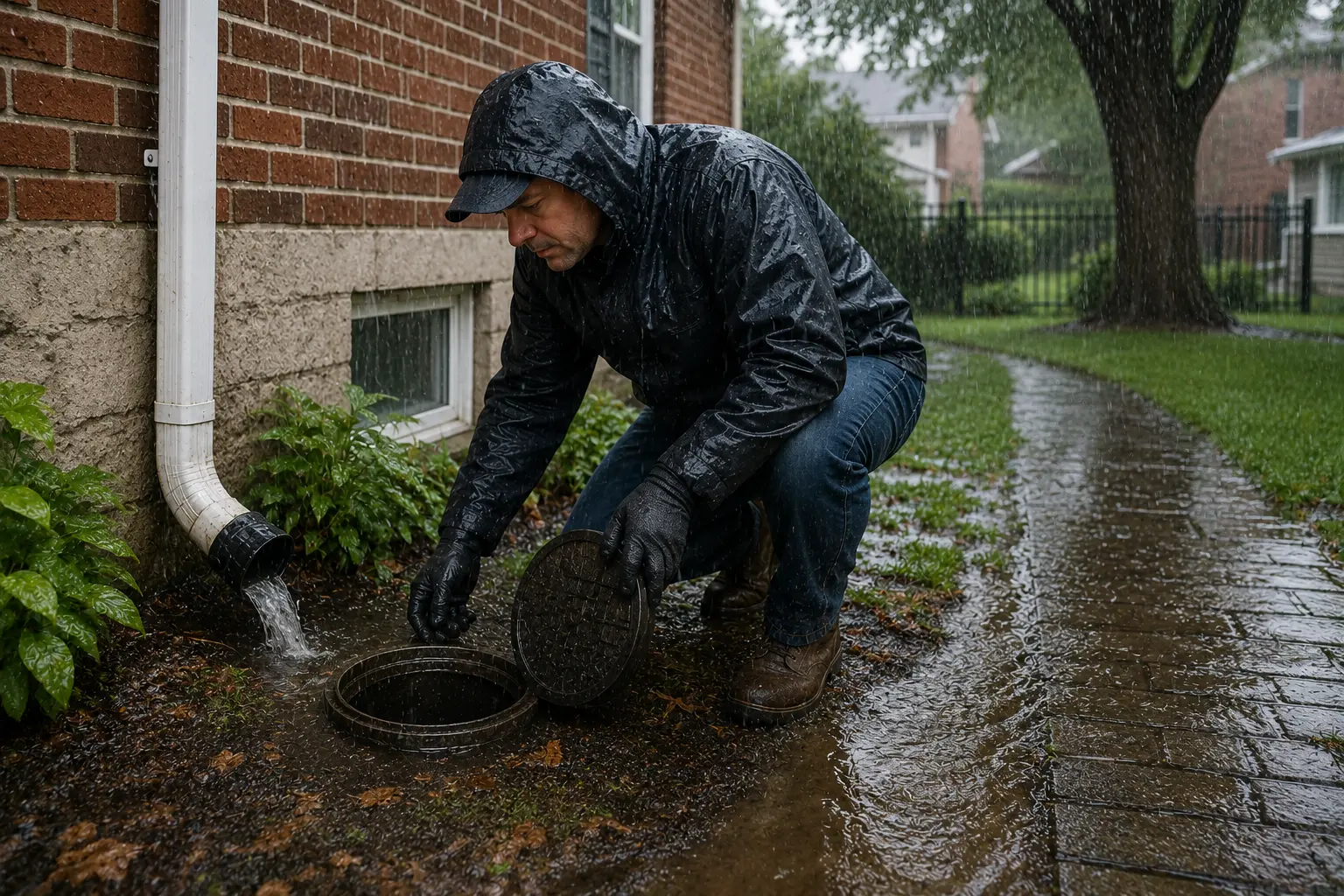 Homeowner inspecting an outdoor sewer cleanout beside a brick home during heavy rainfall while managing stormwater runoff near the foundation.