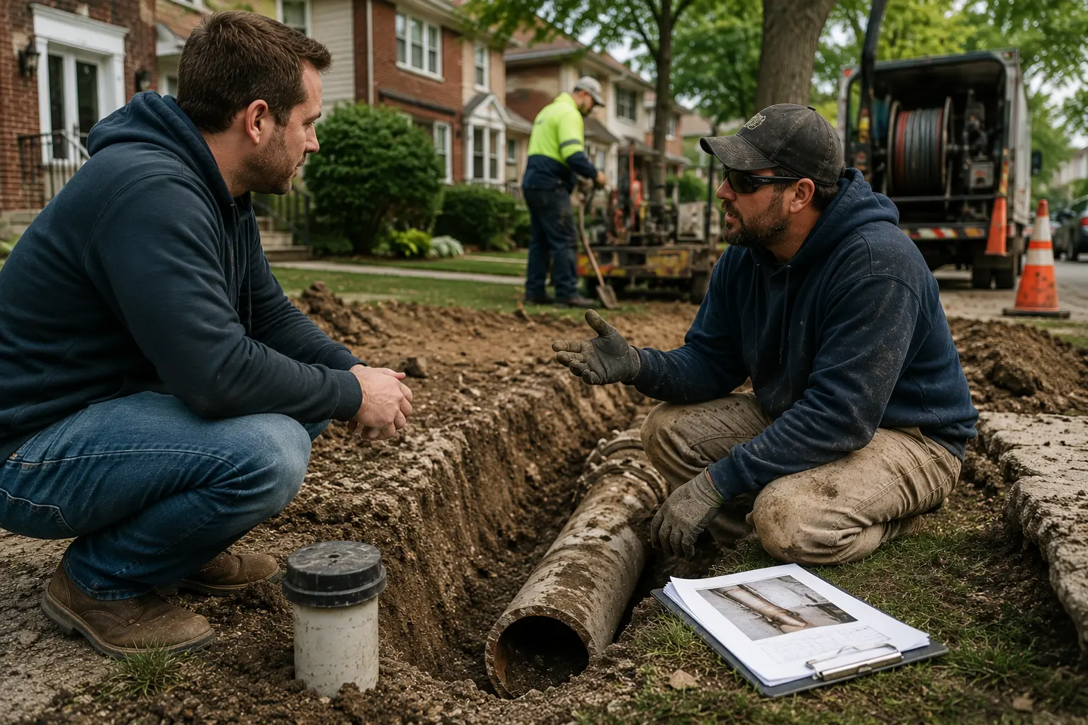 Homeowner discussing an exposed sewer line replacement project with a contractor beside an excavation in a residential Chicago neighborhood.