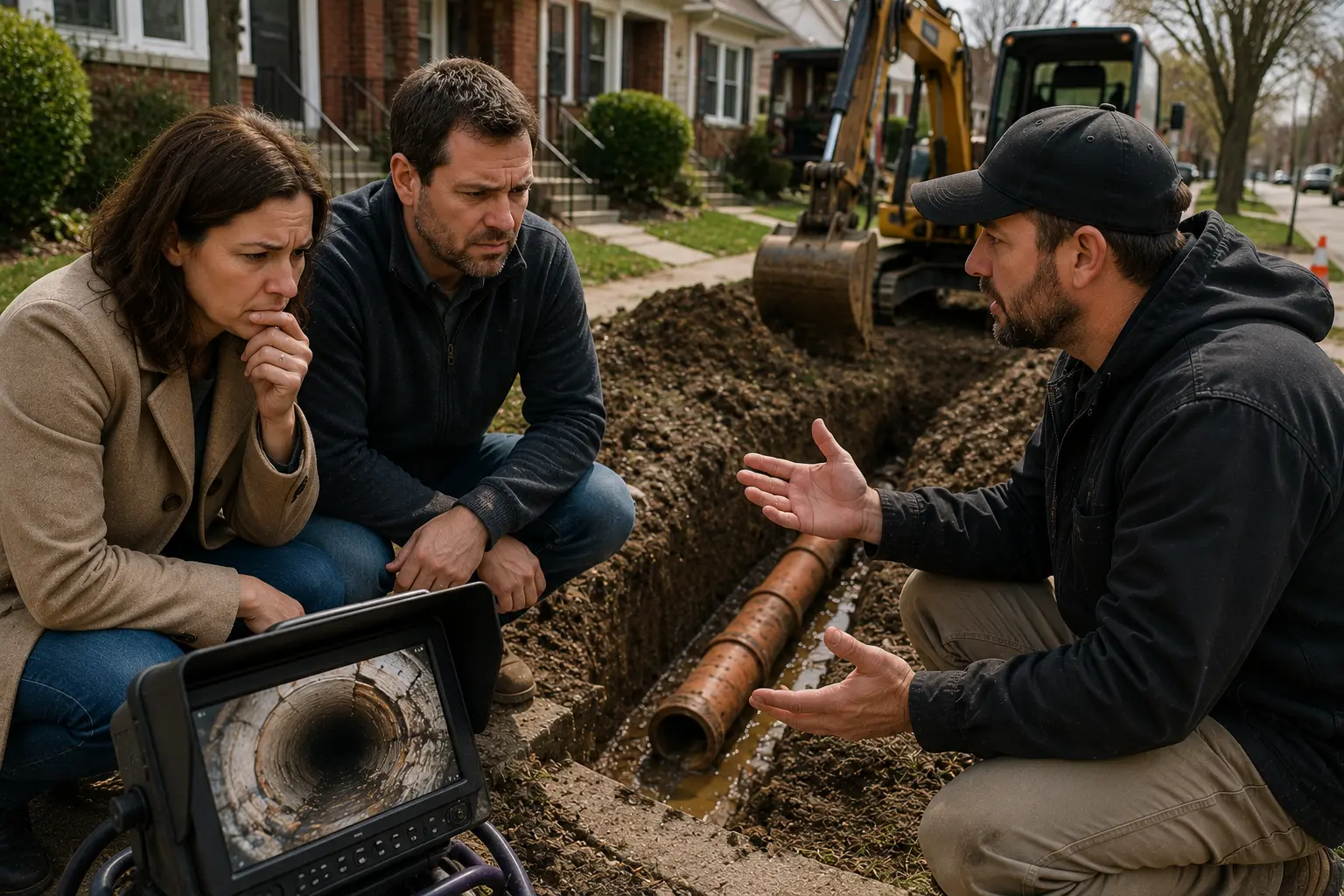 Concerned homeowners reviewing sewer inspection findings while speaking with a contractor beside an exposed sewer line excavation in a residential neighborhood.