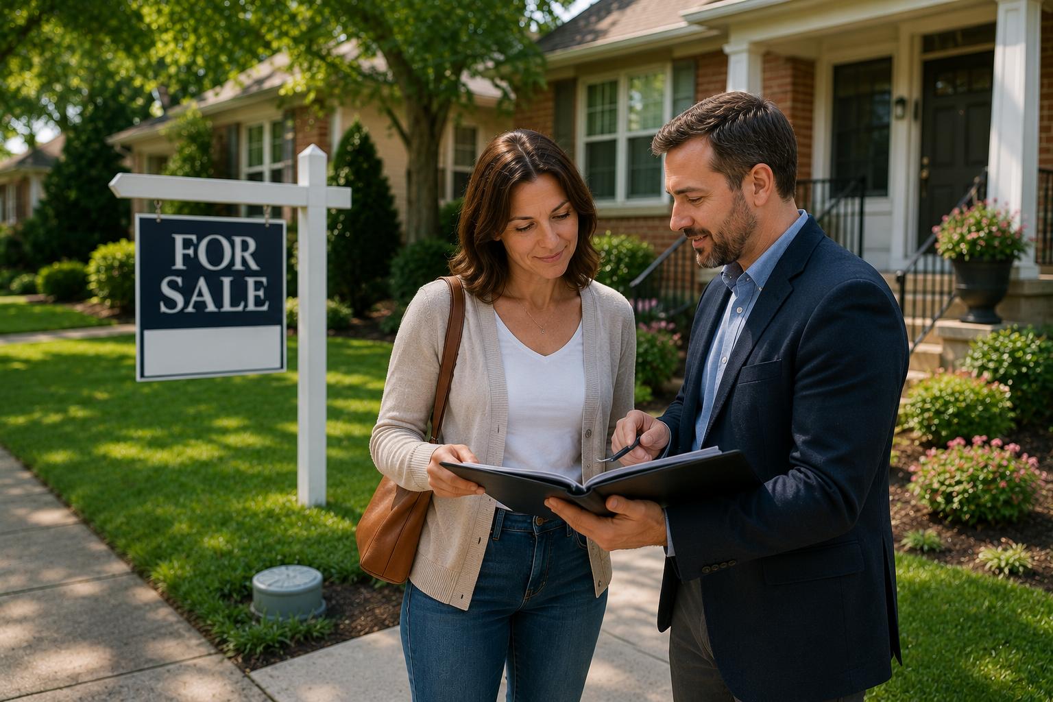 Homeowner reviewing property details with a real estate professional outside a Chicago home that recently underwent sewer line replacement, with a new sewer cleanout visible in the yard.