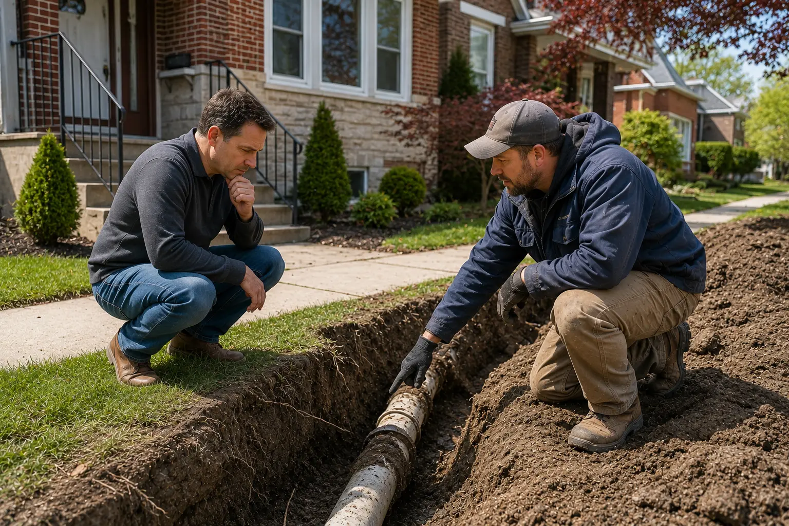 Chicago homeowner and sewer contractor examine an exposed residential sewer service line in a trench beside a brick home.
