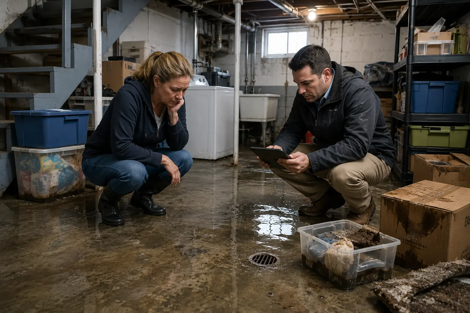 Homeowner and insurance adjuster inspect sewer backup damage in a flooded basement with standing water, a floor drain, and water-damaged belongings.