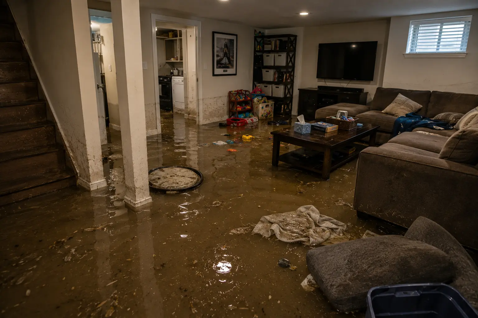 Finished Chicago basement flooded with contaminated backup water, debris, and visible water damage to flooring, furniture, and household belongings.