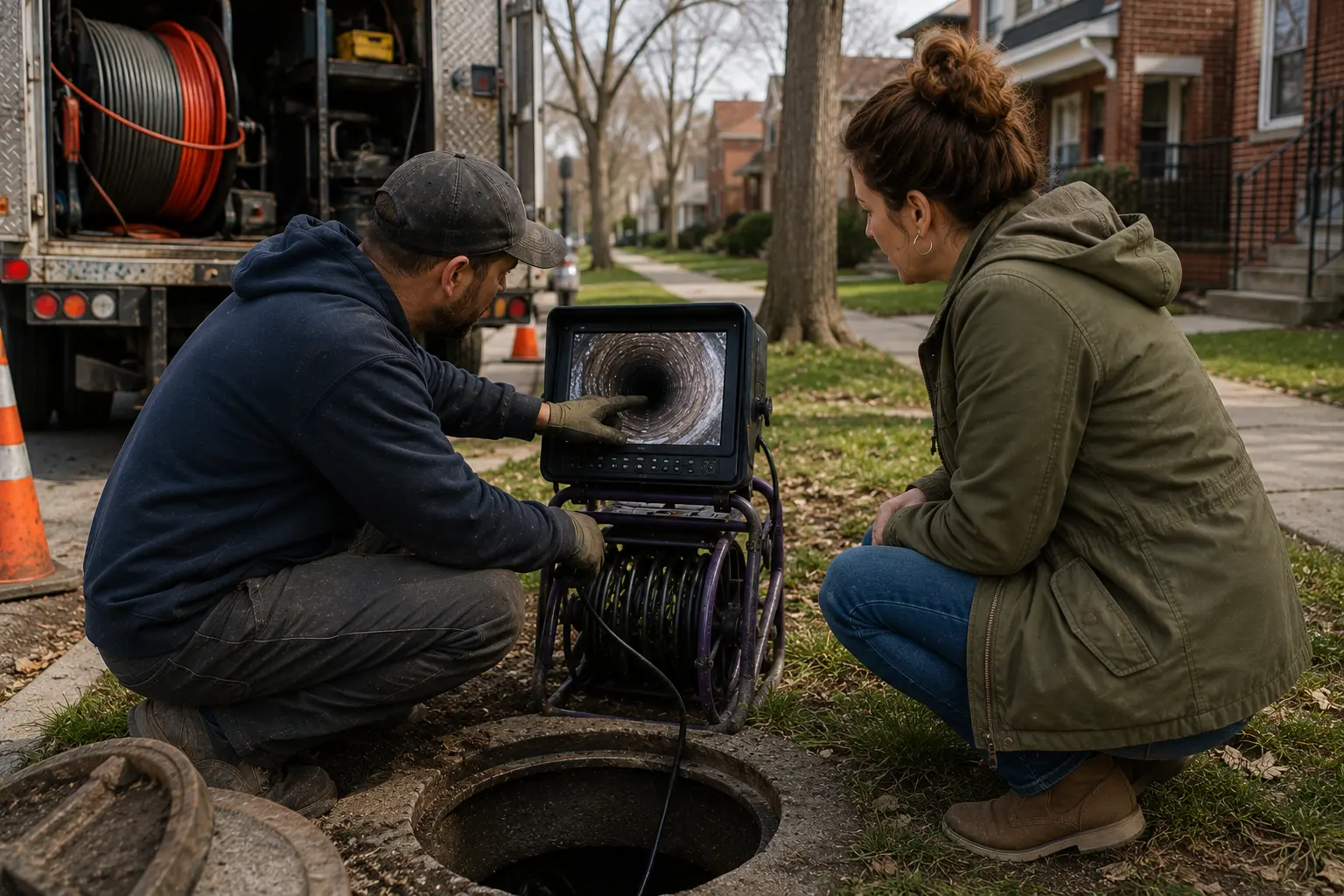 Homeowner reviewing live sewer camera inspection footage with a technician before deciding on sewer repair work in a residential Chicago neighborhood.