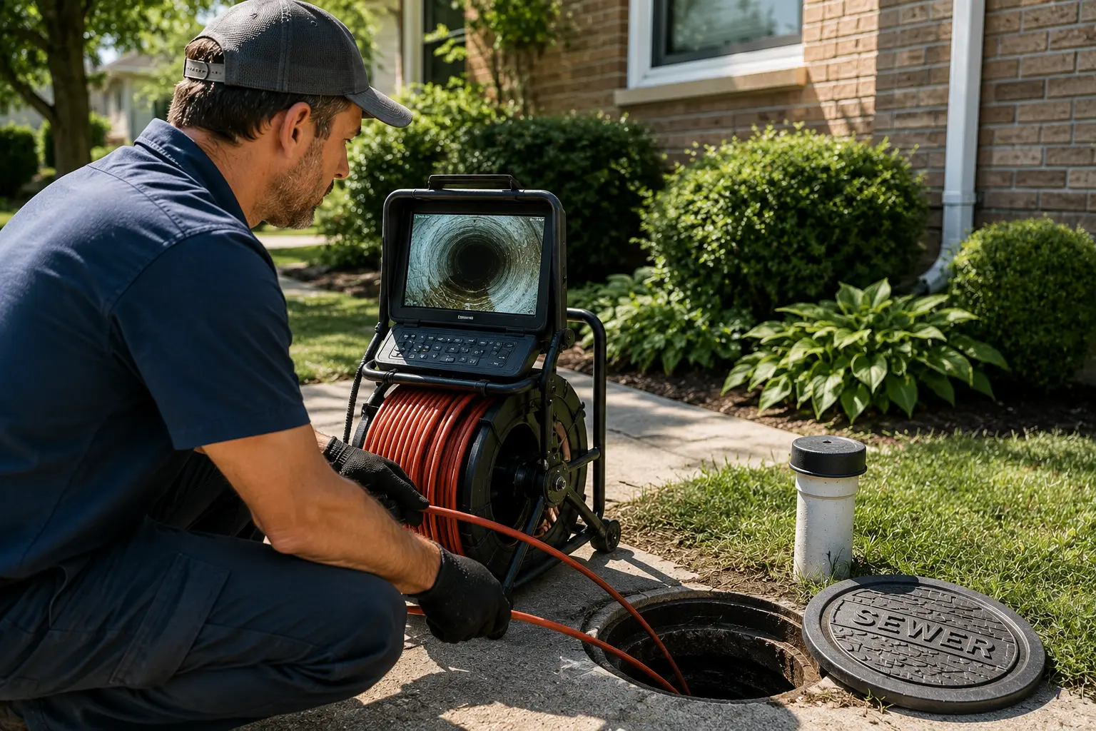 Technician performing a sewer camera inspection through a residential cleanout while viewing live footage on inspection equipment outside a Chicago-area home.