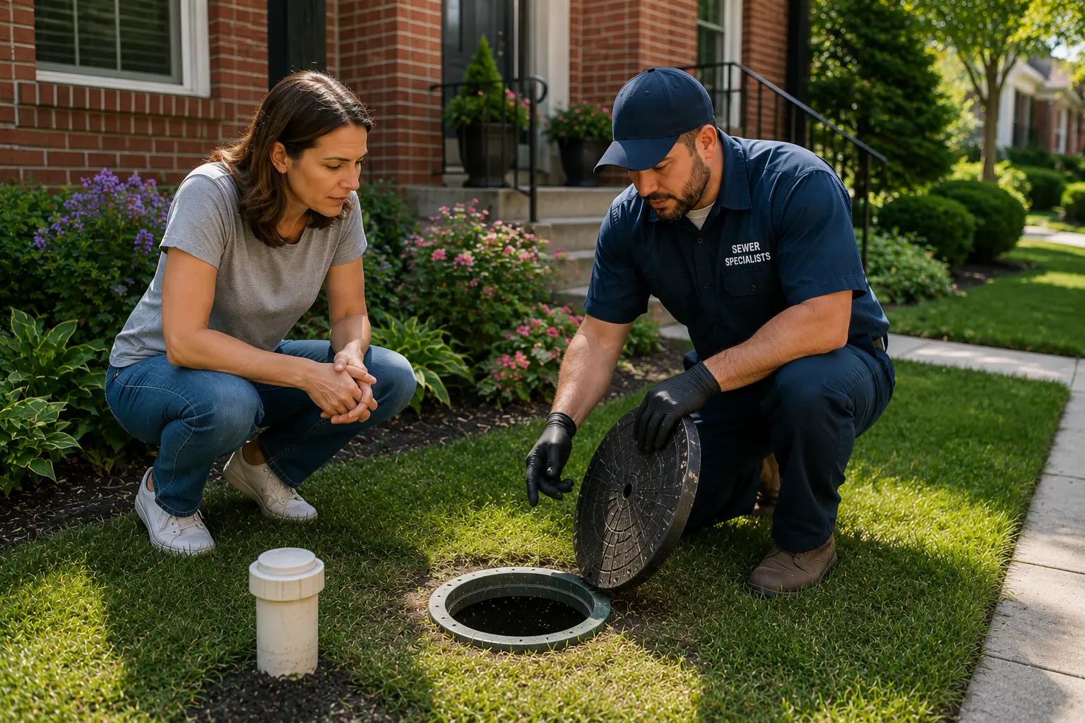Homeowner learning proper sewer cleanout maintenance from a technician beside an accessible residential cleanout in a well-maintained yard.
