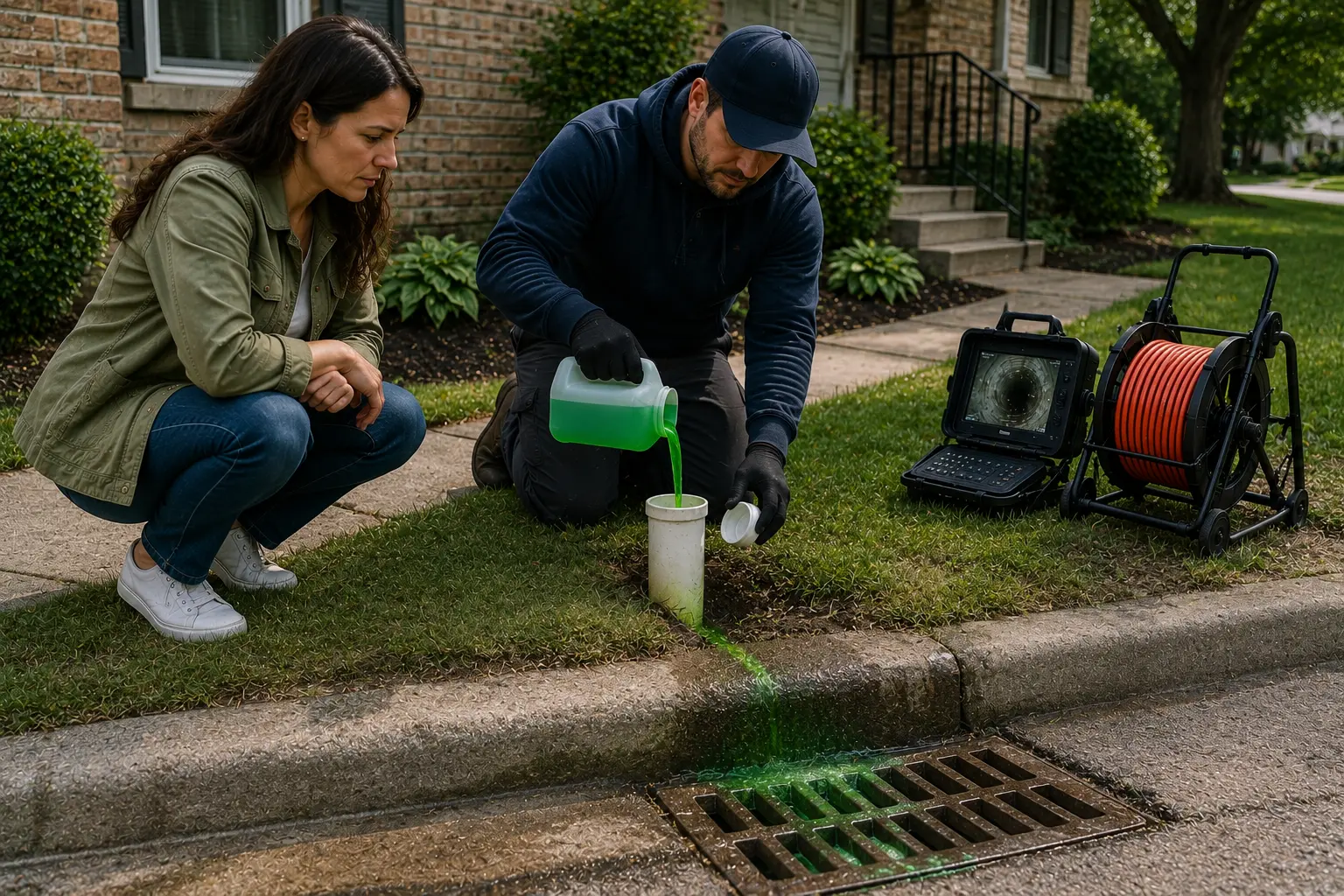 Technician performing a sewer dye test by introducing bright green tracing dye into a residential drain system while a homeowner observes the results at a nearby storm drain.