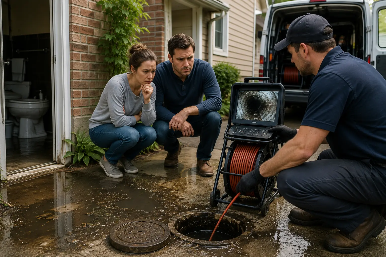 Homeowners watching a sewer camera inspection after a sewer backup while standing near a flooded basement entrance and an active cleanout inspection.