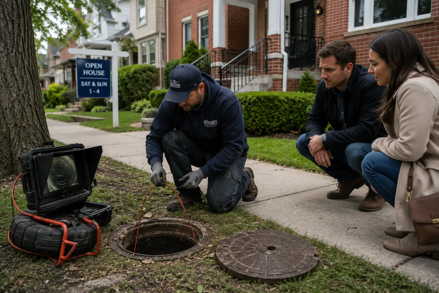 Prospective homebuyers observing a sewer camera inspection outside a Chicago brick home while a technician reviews underground pipe conditions before purchase.