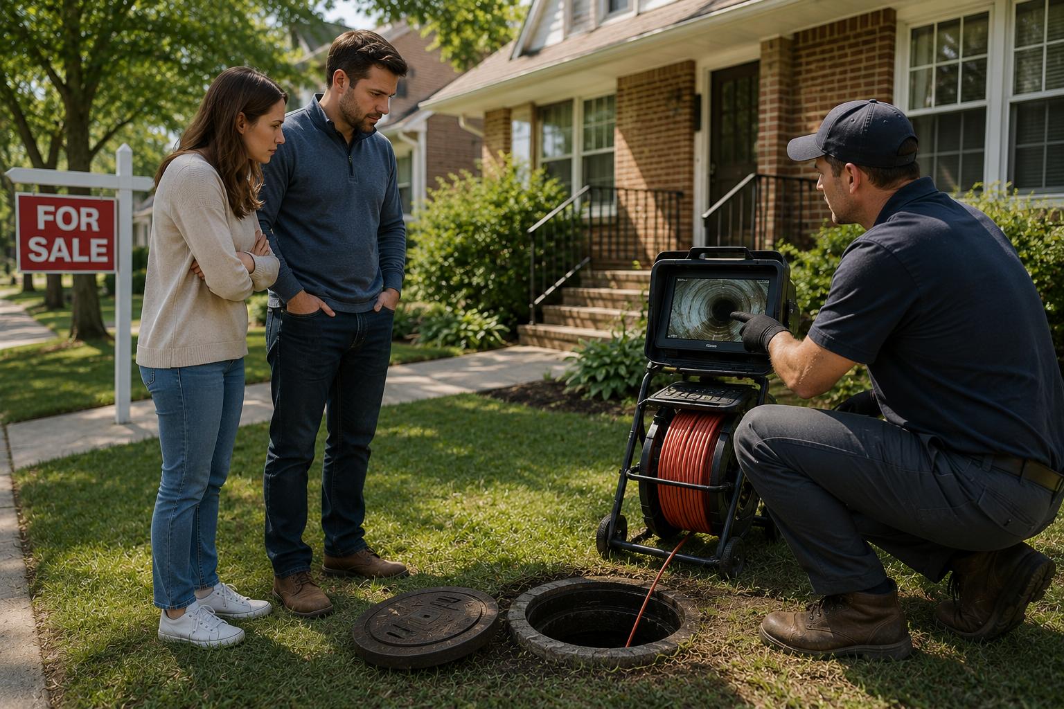 Prospective homebuyers watching a sewer camera inspection being performed at a home they are considering purchasing.