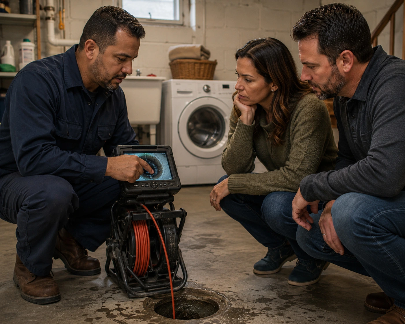 Chicago homeowners meeting with a sewer technician in a basement while reviewing inspection findings and evaluating the cause of a potential sewer line problem using specialized diagnostic equipment.