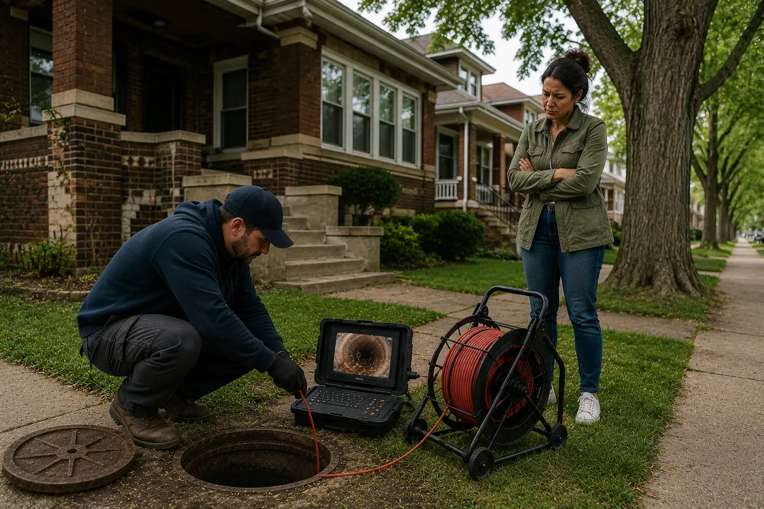 Technician performing a sewer camera inspection at an older Chicago brick home while a homeowner observes and mature trees line the residential street.