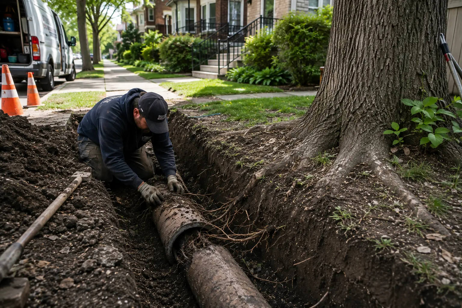 Worker exposing a damaged sewer pipe with root intrusion beneath a mature street tree in a Chicago residential neighborhood.