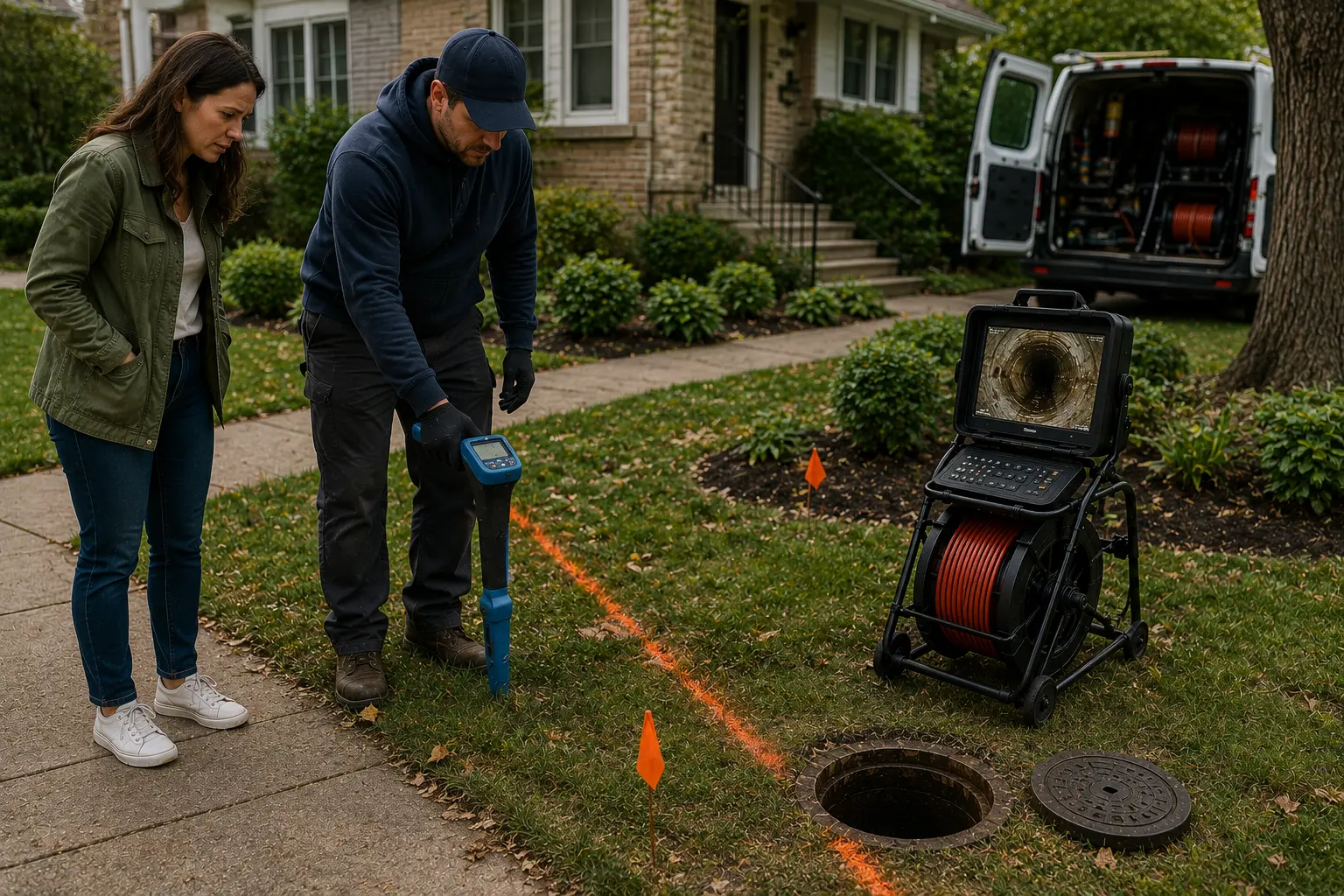 Technician using electronic locating equipment to trace the path of a buried residential sewer line while a homeowner observes marked utility locations in the yard.