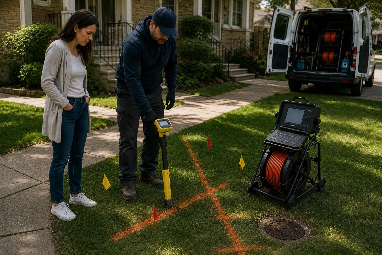 Technician using electronic sewer locating equipment to trace a buried sewer line while a homeowner observes marked utility locations in a residential yard.