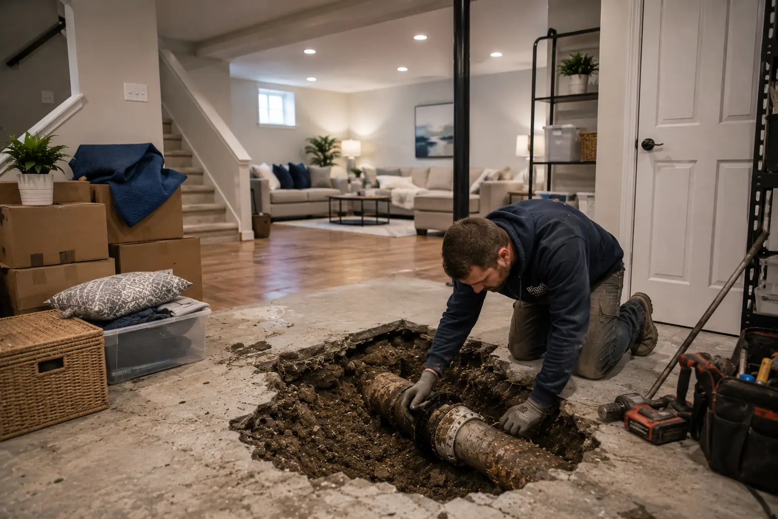 Exposed sewer line repair beneath a home floor while moving boxes and staged living spaces indicate preparations for an upcoming home sale.