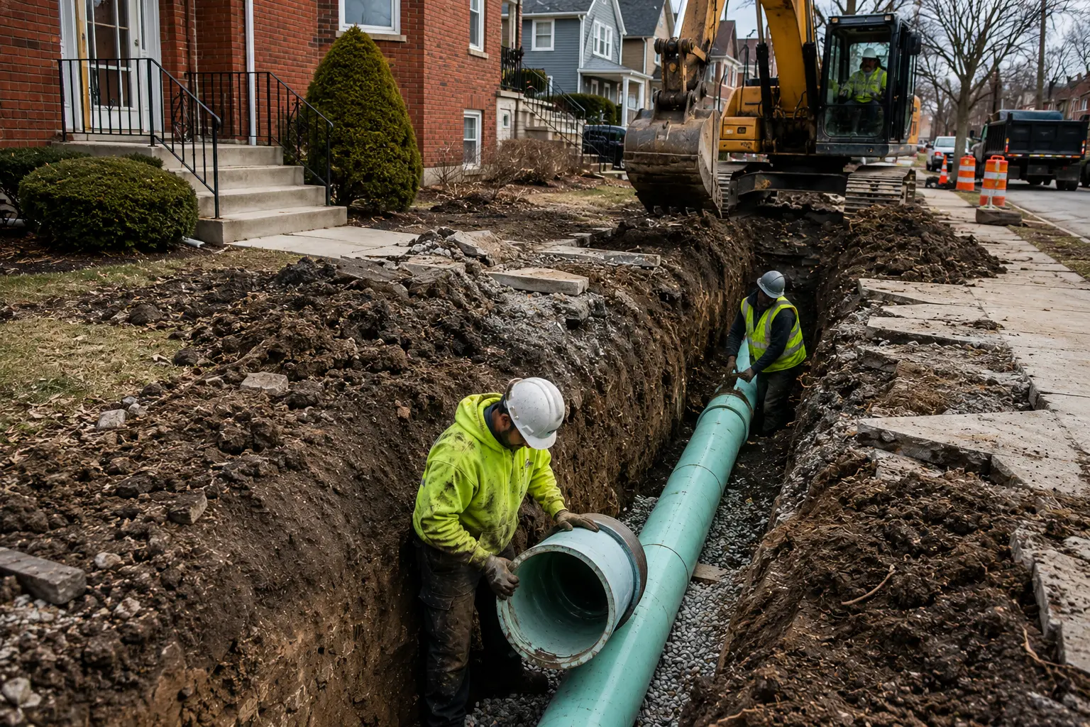 Workers install a new PVC sewer line in a deep residential excavation trench during a sewer replacement project in a Chicago neighborhood.