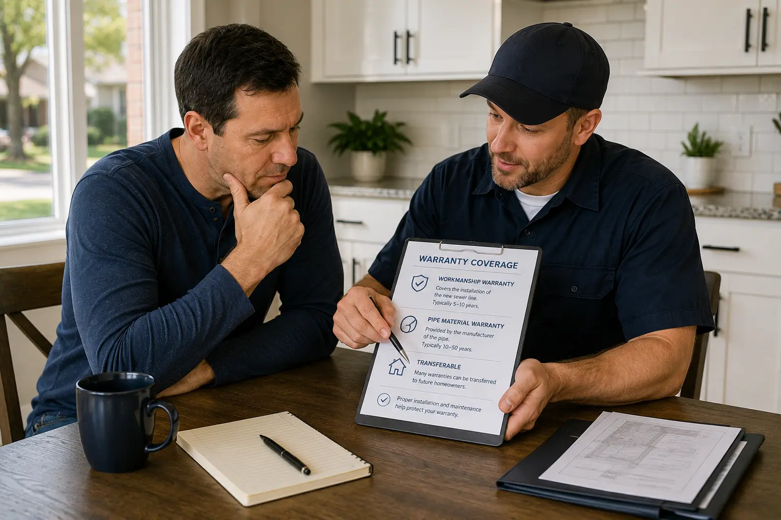 Homeowner discussing sewer line replacement warranty coverage and project documentation with a contractor after completion of the work.