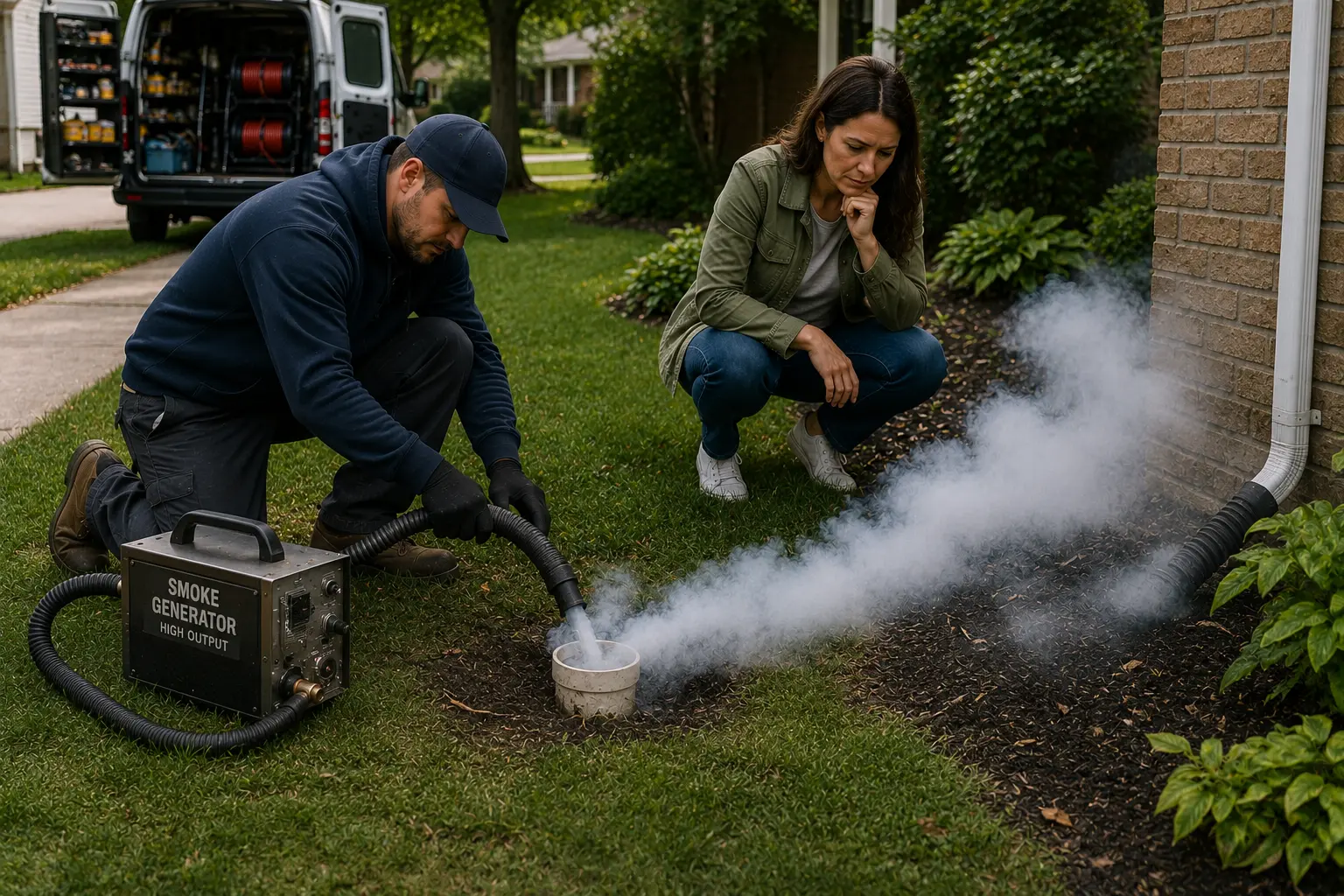 Technician performing a sewer smoke test by introducing non-toxic smoke into a residential sewer system while a homeowner observes smoke emerging near the home's exterior.