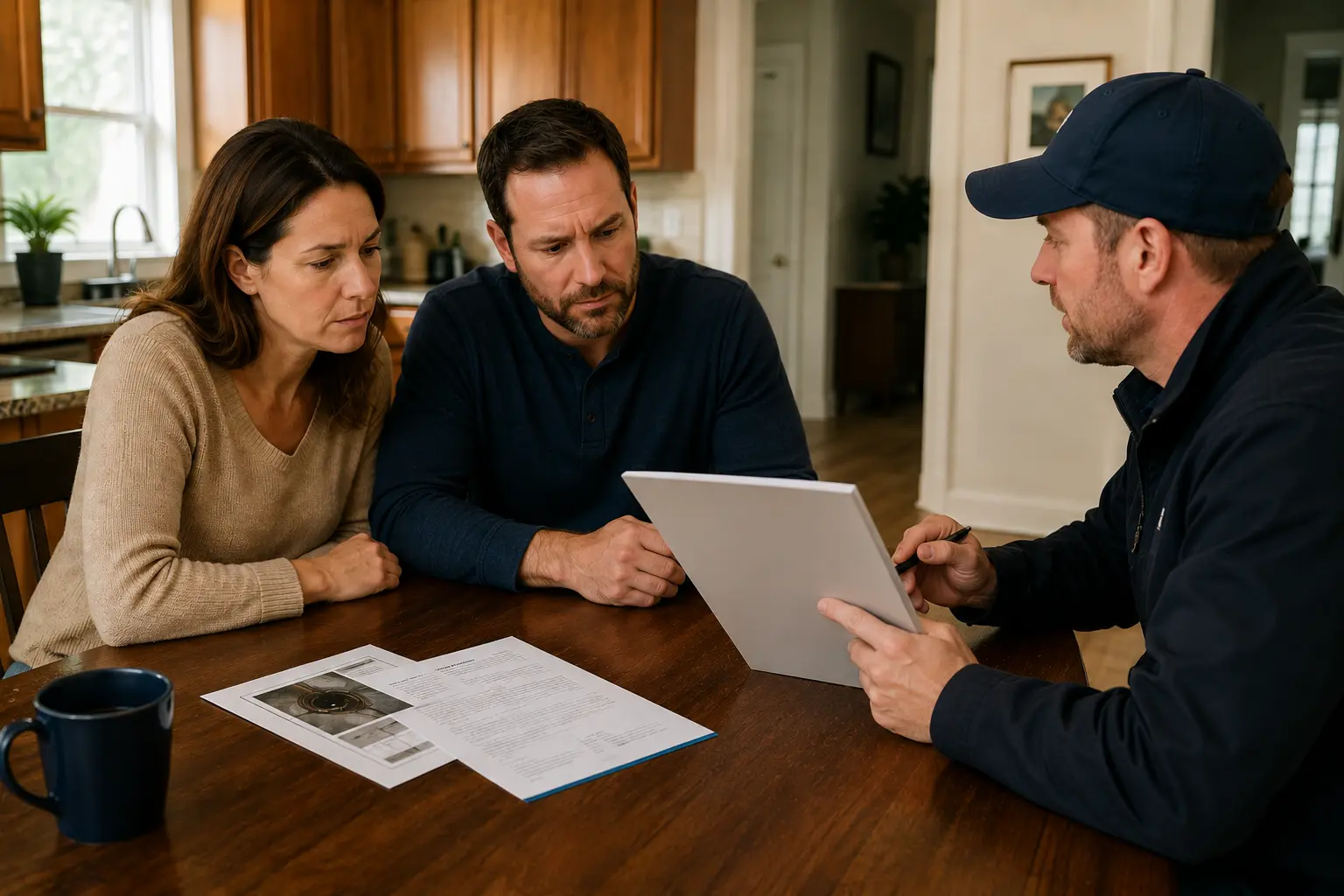 Homeowners review sewer line warranty plan information with a service representative at a kitchen table while discussing coverage details.