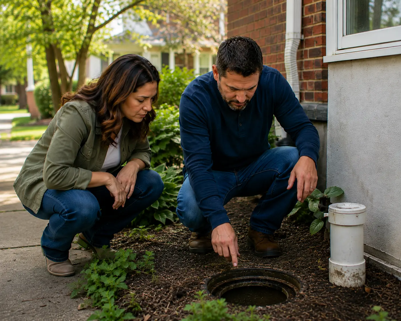 Chicago homeowners inspecting an outdoor sewer access point near their home's foundation while performing routine maintenance and monitoring for potential drainage or sewer-related issues.