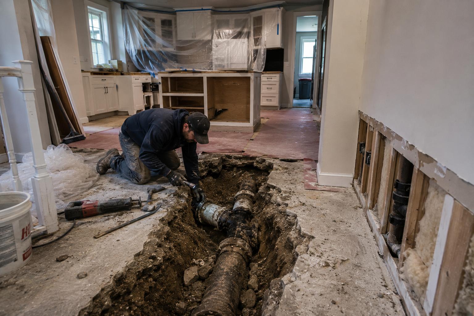 Contractor exposing a damaged sewer line beneath a recently renovated home interior after plumbing and drainage issues were discovered during remodeling work.