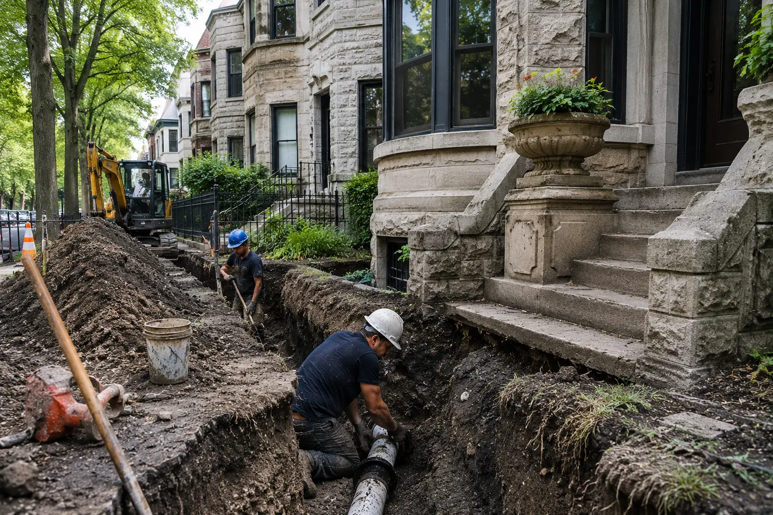 Workers repairing a sewer line in a narrow trench beside a historic Chicago greystone home with limestone architecture and mature tree-lined streets.