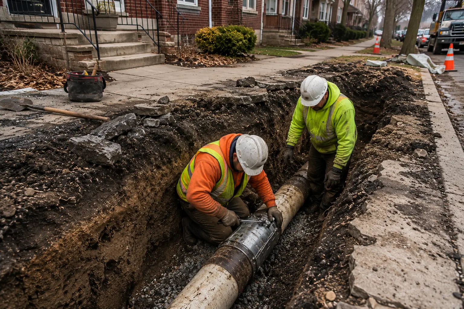 Workers perform a localized sewer pipe repair inside an excavation trench in a residential Chicago neighborhood.