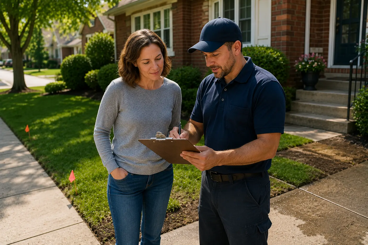 Homeowner reviewing completed sewer repair cleanup with a contractor outside a restored property after work has been finished.