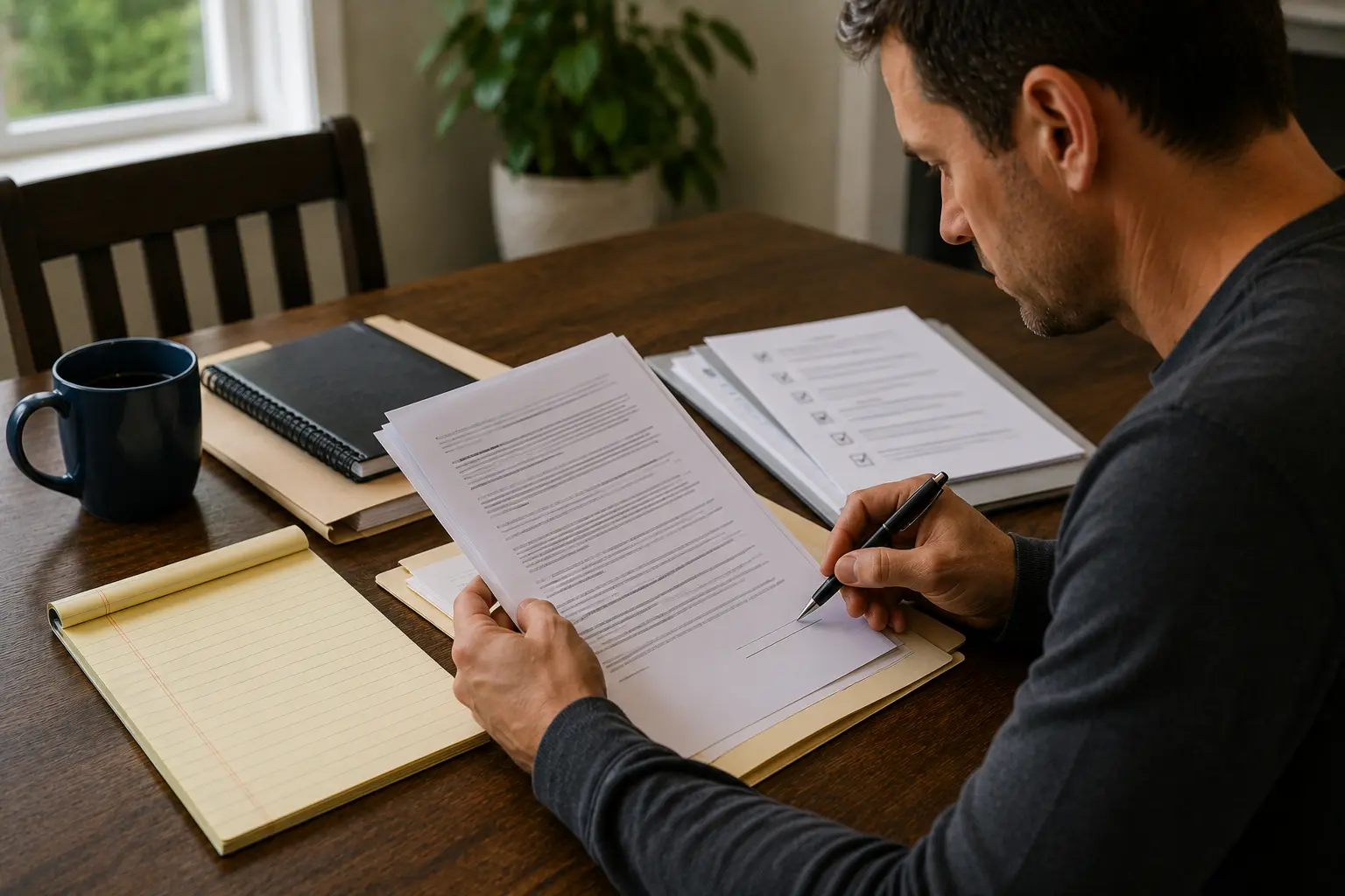 Homeowner carefully reviewing a sewer repair contract and supporting documents before signing at a dining room table.