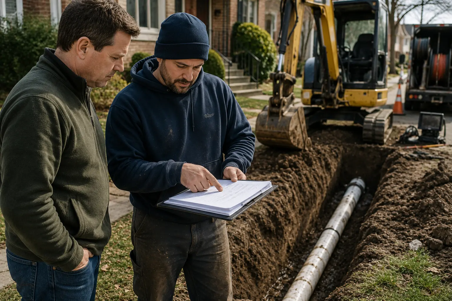 Homeowner reviewing a sewer repair estimate with a contractor beside an active sewer line excavation and replacement project.