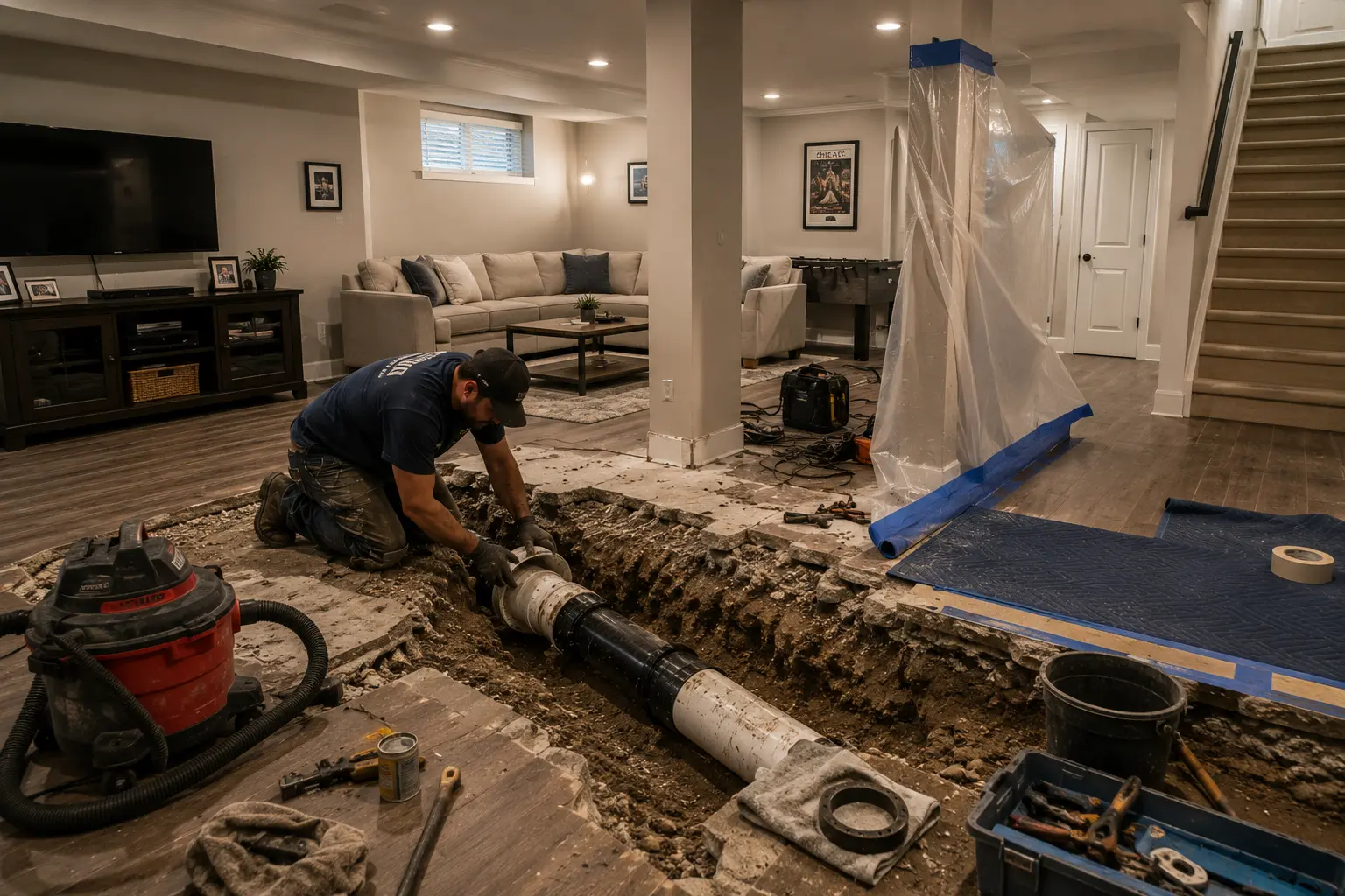 Technician repairing a sewer line beneath a concrete floor inside a finished basement, with protective barriers, furnishings, and exposed plumbing visible during the repair process.