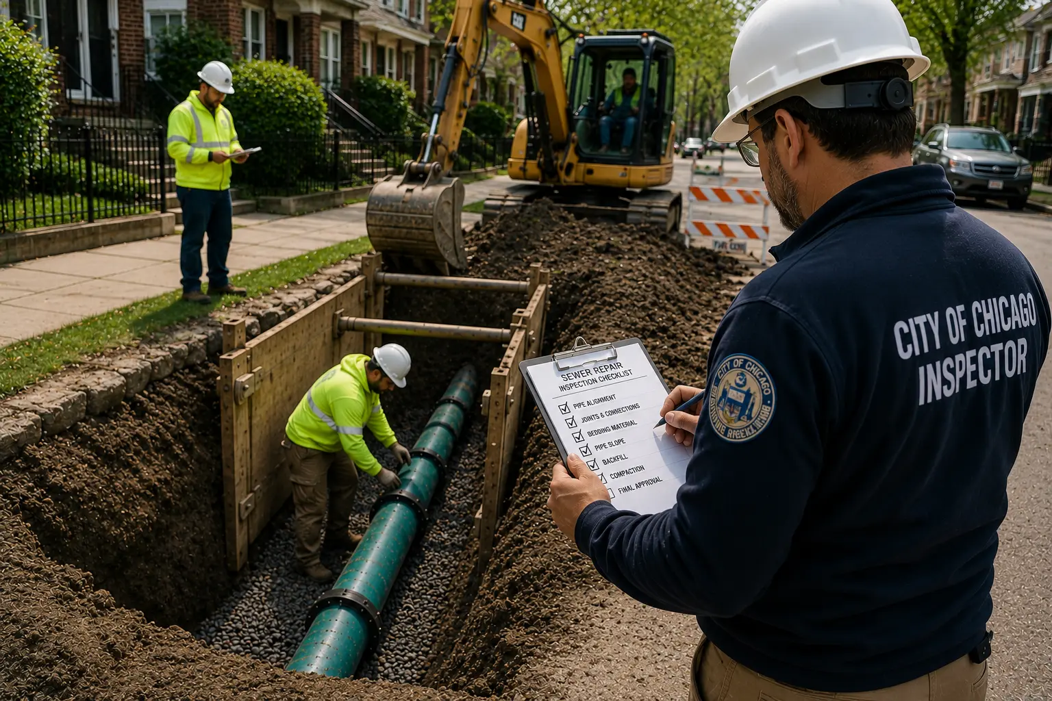 City of Chicago inspector reviews a sewer repair inspection checklist while workers install a sewer line in an open residential trench before final approval.