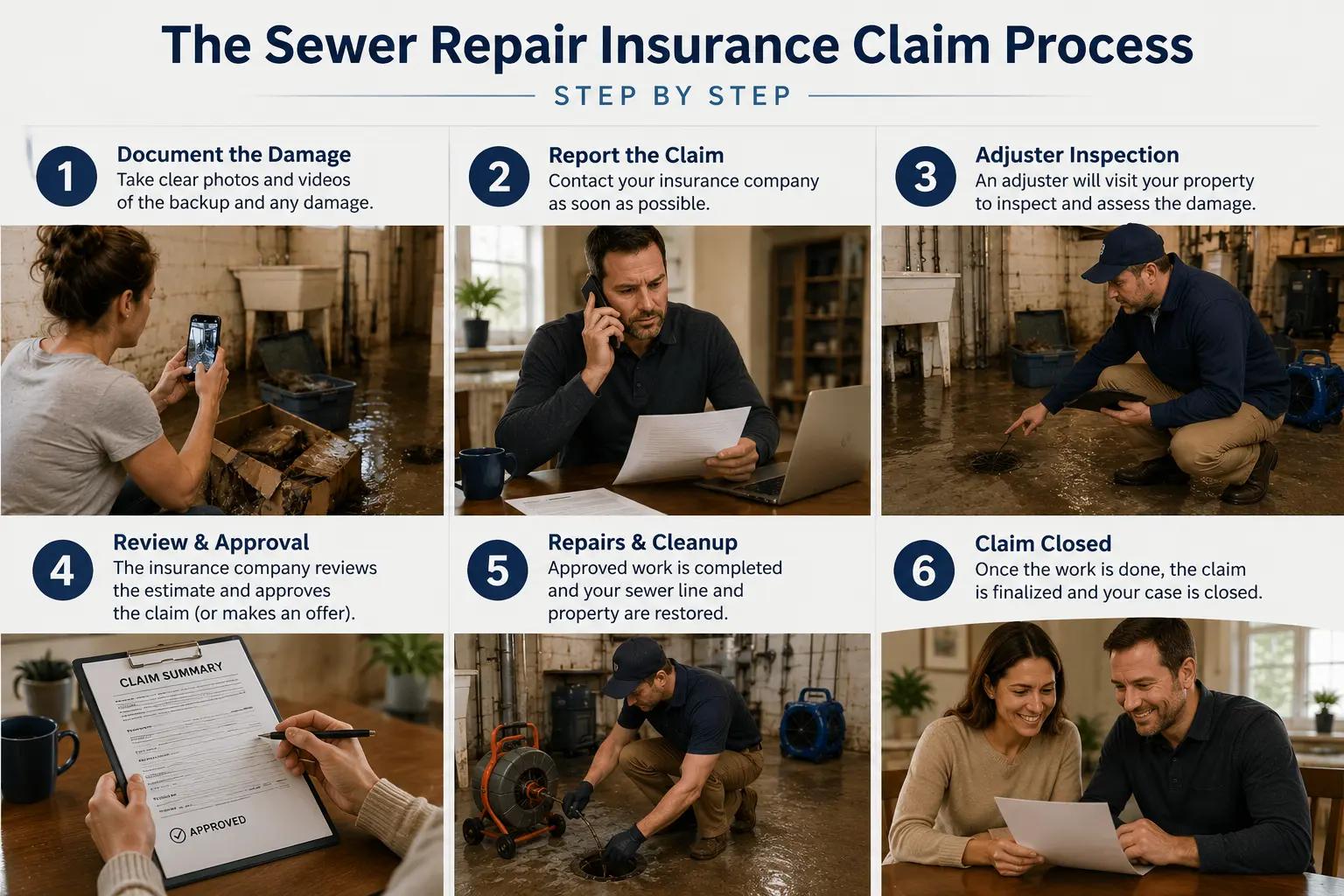 Infographic-style illustration showing the major stages of a sewer repair insurance claim, from documenting damage and filing a claim to repairs, approval, and claim closure.