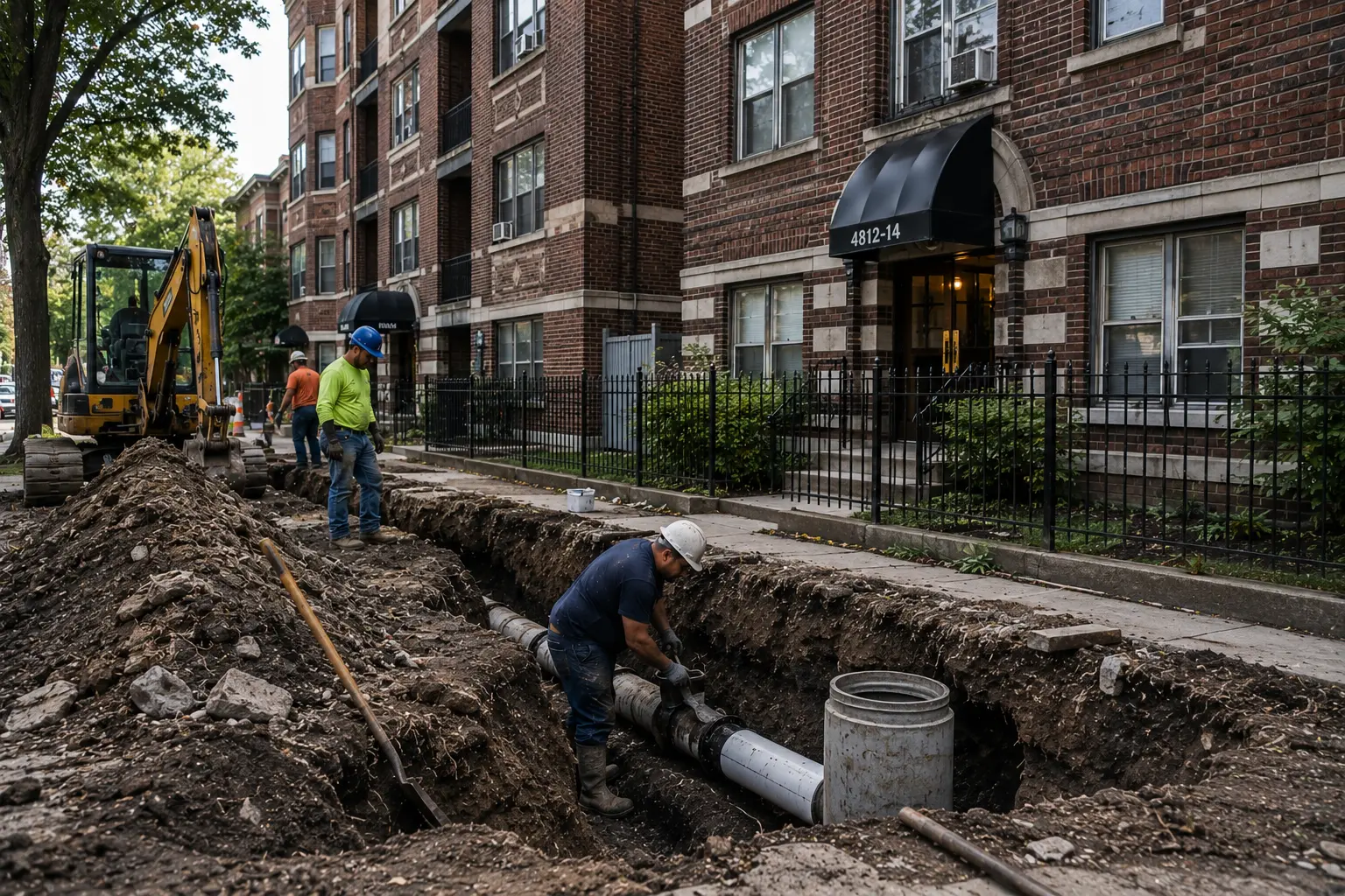 Workers repairing a large sewer line in front of a multi-story Chicago apartment building with an excavated trench and underground utility work underway.